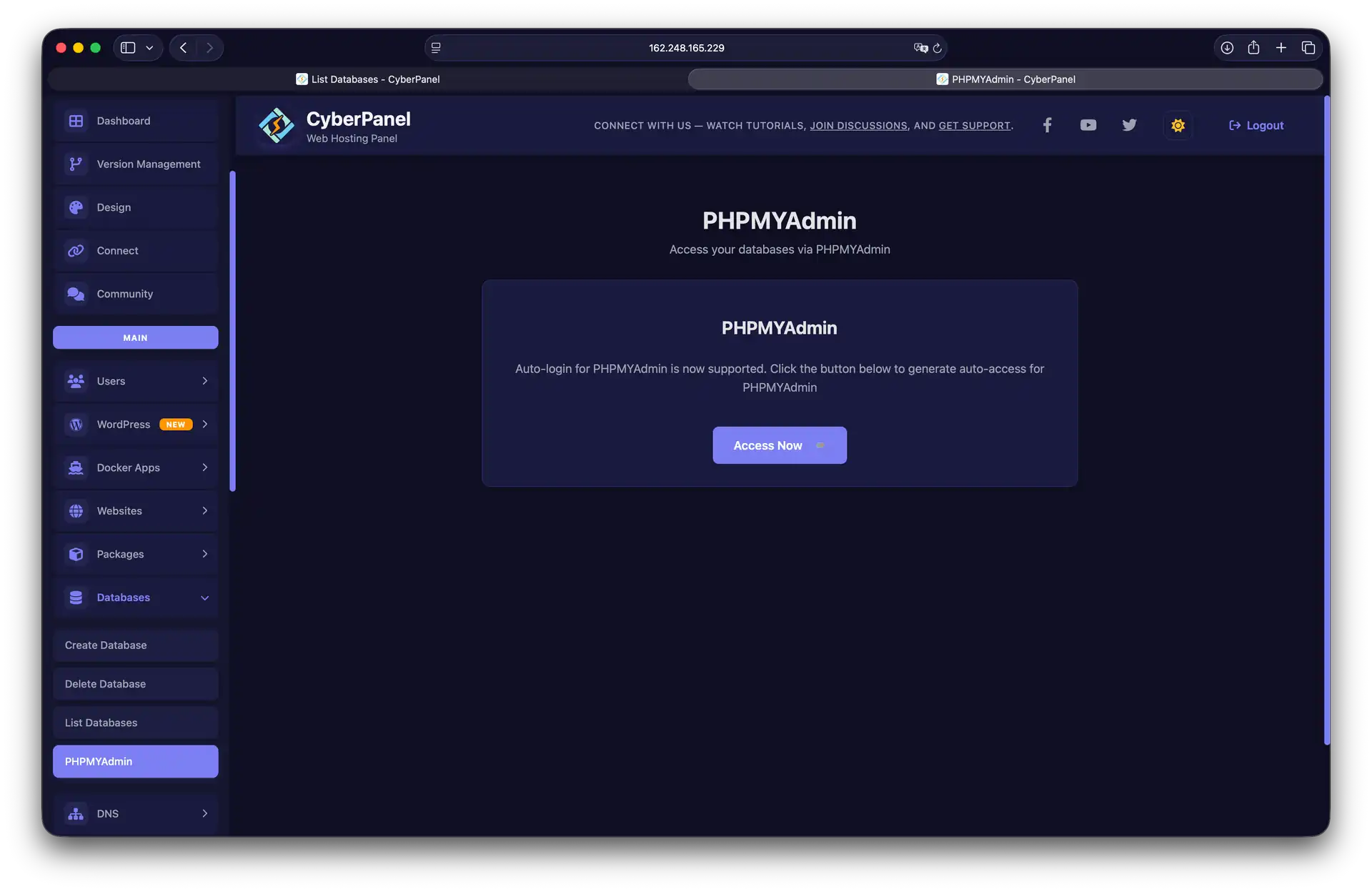 Переход в phpMyAdmin